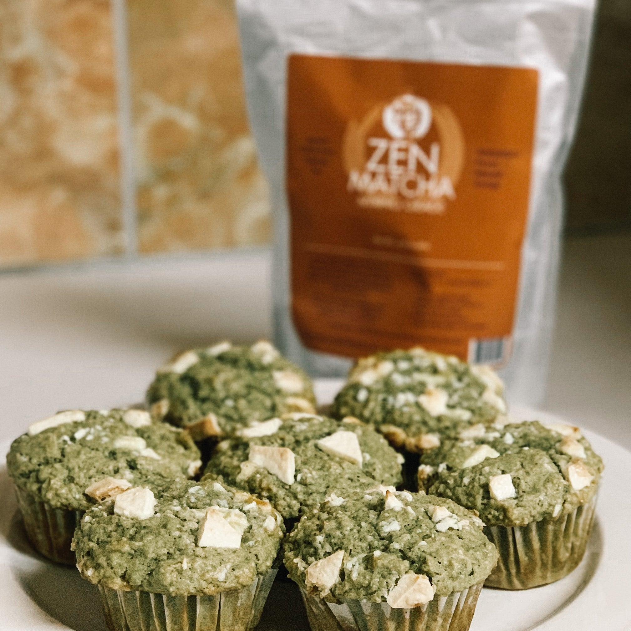 zenmatcha matcha white chocolate chip oat muffins