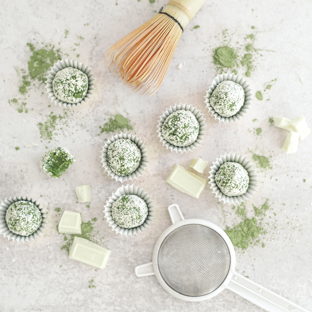 zenmatcha matcha truffles dessert truffle balls bamboo whisk chasen matcha powder matcha strainer white chocolate